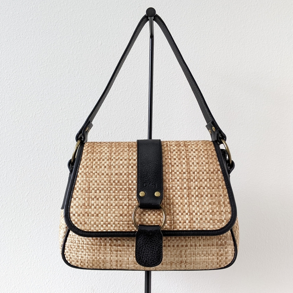 Chloe Woven Straw Shoulder Bag with Black Leather Trim